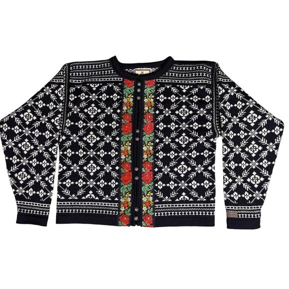 Dale of Norway Cardigan Knit Sweater Womens Small Wool Button Up Checkered Roses - Picture 4 of 12